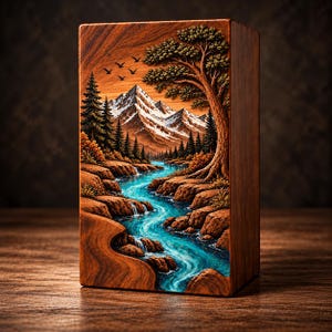May include: A rectangular wooden block featuring a carved and painted landscape scene of snow-capped mountains, a winding turquoise river, rocky banks, evergreen trees, and a large tree on the right with birds flying in the sky.