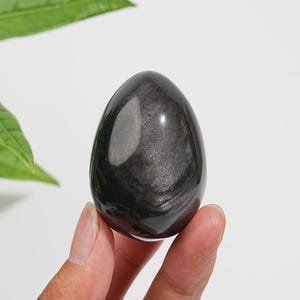 May include: A polished, egg-shaped obsidian stone with a smooth, reflective surface. The stone features a deep black colour with subtle, shimmering silver-grey metallic inclusions that create a soft, glowing sheen across its rounded form.