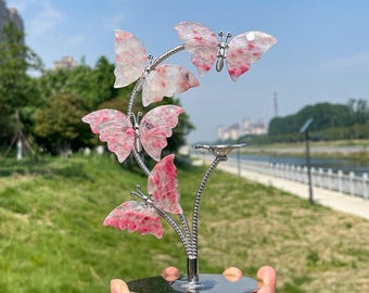 Natural Rhodonite in Quartz Butterfly Sphere Stand,Crystal Holder,Home Decor