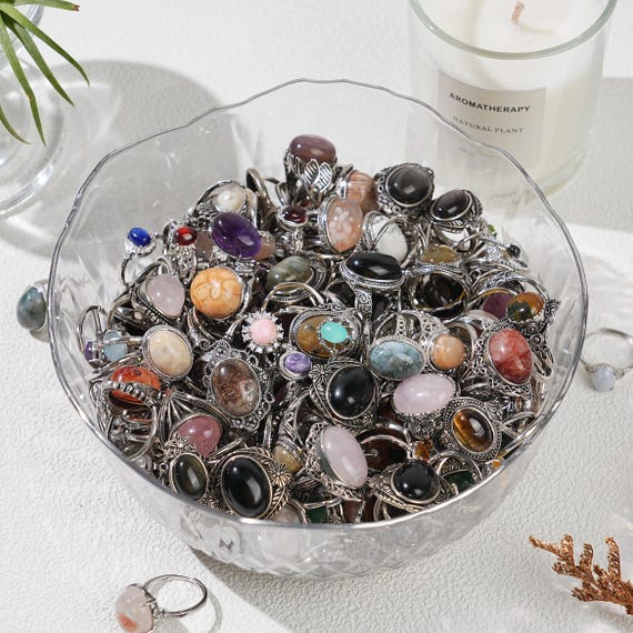 Crystal Rings Mystery Box,Handmade Mixed Gemstone Rings, Silver Plated Brass,Dainty Stackable Ring