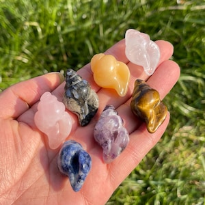 Puede incluir: Una colección de tallas de conchas de piedras preciosas pulidas en varios colores, incluyendo rosa, amarillo, transparente, marrón, azul, morado y negro. Las tallas se sostienen en una mano sobre un fondo de hierba verde.