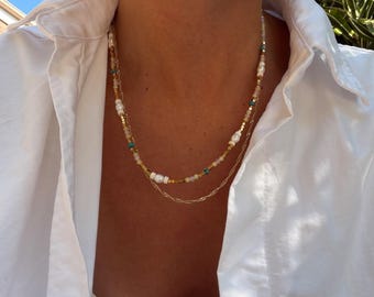 Pink, Green & Blue Beaded Necklace – 18k Gold Plated, Waterproof Beach Jewels