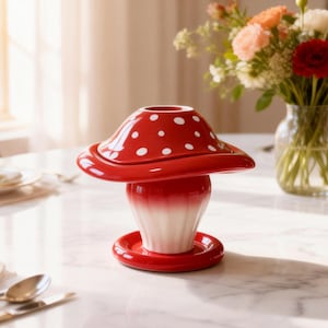 Puede incluir: Un recipiente decorativo de cerámica con forma de hongo, rojo y blanco. El sombrero del hongo es rojo con lunares blancos, y el tallo se desvanece de rojo a blanco. Se apoya sobre una pequeña base redonda roja.