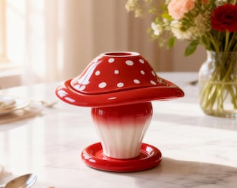 Red Polka Dot Mushroom Ceramic Tableware Set | Whimsical Kitchen Decor