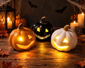 Ceramic LED Jack-o'-Lantern Pumpkin, Halloween Decor, Single or Set of 3