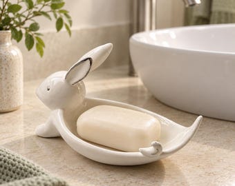 Ceramic Rabbit Soap Dish, Ivory Bunny Soap Holder with Drainage Holes for Bathroom Sink