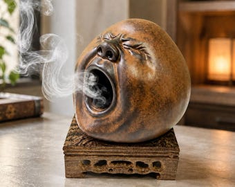 Quemador de incienso de cerámica con forma de cara, divertido incensario de cerámica con forma de bostezo y soporte de madera.