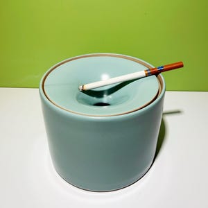 May include: A light teal ceramic ashtray with a cigarette resting on the rim. The ashtray has a circular design with a recessed center and a brown rim. The background is a solid green.