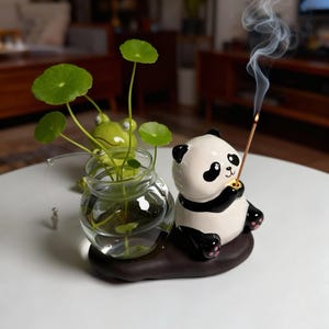 May include: A ceramic panda ornament holding an incense stick, with smoke rising. Beside it is a glass jar with green plants and a small frog ornament. The panda is black and white, with pink accents on its feet.