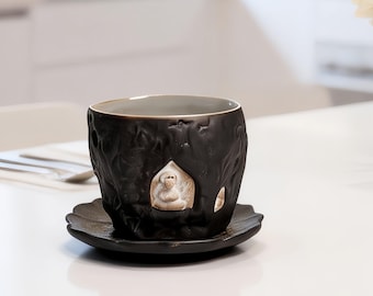 Dunhuang Zen Ceramic Tea Cup Set with Lotus Saucer |Handmade Espresso Cup | High-Fired Stoneware