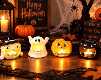 Ceramic Halloween Candle Holders, Ghost Pumpkin Witch Bat Decor, Single or Set