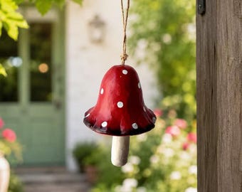Campana de viento de cerámica con forma de seta, campana de jardín con forma de hongo rojo, decoración de porche para Halloween.