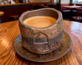 Handmade Espresso & Tea Cup with Saucer Set | Dunhuang Zen Inspired Rustic Ceramic Demitasse