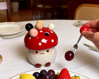 Mushroom Fruit Fork Holder Set | Ceramic Toadstool Pick Stand | Kawaii Kitchen Decor