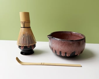 Juego de 4 piezas de cerámica para matcha con boquilla, chawan con esmalte Yohen, kit de batidor de bambú de 100 puntas