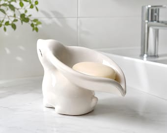 Jabonera de cerámica con forma de conejito, soporte para jabón con forma de conejo, decoración blanca para el baño, bandeja para jabón de estilo artesanal.
