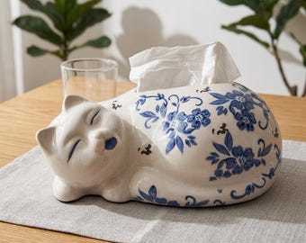 Caja de pañuelos de cerámica con diseño de gato, estilo porcelana azul y blanca, diseño de gato durmiendo para la mesa del comedor y la decoración de la cocina.