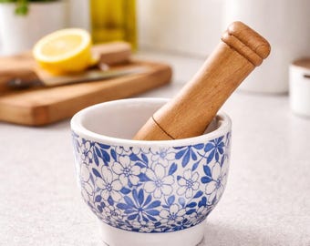 Blue White Floral Ceramic Mortar and Pestle Set, Porcelain Spice Grinder Bowl