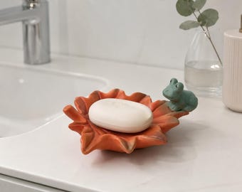 Jabonera de cerámica con forma de rana de hoja de arce, soporte para jabón, decoración natural para lavabo de baño, bandeja para baratijas con forma de hoja de otoño.