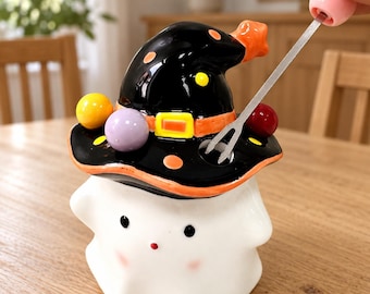 Ceramic Ghost Fruit Fork Holder with Witch Hat, Halloween Table Decor, One Fork Included