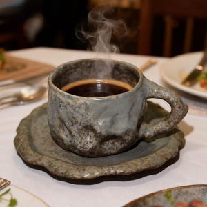 May include: A handmade ceramic coffee cup and saucer set. The cup is filled with dark coffee, with steam rising from the surface. The cup and saucer are a mottled gray-blue with a textured surface and a rustic aesthetic.