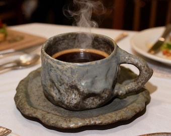 Handmade Ceramic Mug and Saucer | Rustic Stone Texture Wabi Sabi Pottery Coffee Cup