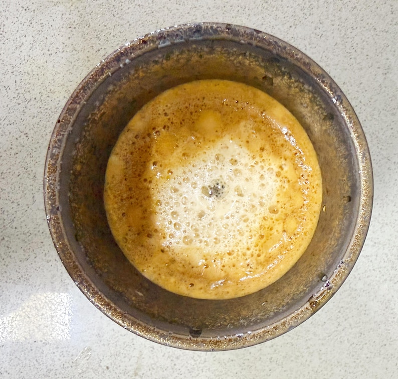 May include: Overhead view of a ceramic bowl filled with a frothy, light brown liquid. The liquid has a foamy, bubbly texture with a darker center. The bowl is a dark, earthy brown color with a textured rim, set against a light-colored surface.