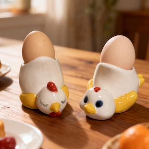 May include: Two ceramic egg cups in the shape of chickens, each holding a brown egg. The egg cups are white with yellow accents and a red comb. One chicken has closed eyes, the other has blue eyes.
