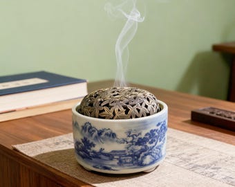 Blue White Porcelain Incense Burner, Brass Lid Landscape Ceramic Holder