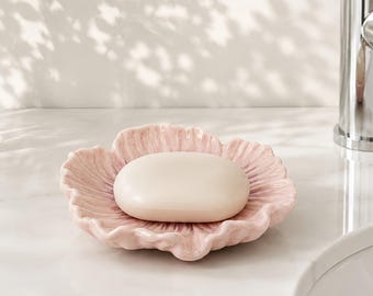 Pink Ceramic Flower Soap Dish, Floral Soap Holder, Bathroom Counter Decor, Soap Saver Plate, Cottagecore Bath Gift