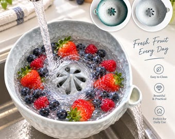 Ceramic Berry Bowl, Fruit Strainer, Glazed Pottery Kitchen Colander