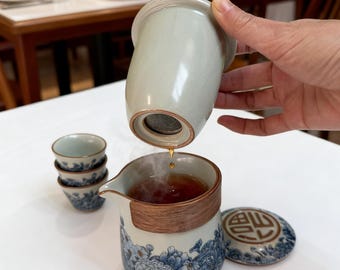 Blue and White Ceramic Travel Tea Set, Ru Kiln Style, Portable with Case