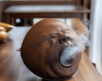 Yawning Face Ceramic Incense Burner, Pottery Censer with Optional Wood Stand