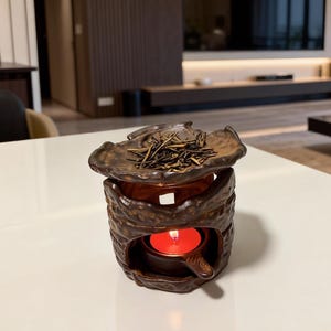 Rustic Ceramic Stoneware Tealight Warmer| Wabi-Sabi Herb Diffuser & Incense/Tea Warmer |4 Tealights