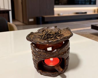 Rustic Ceramic Stoneware Tealight Warmer| Wabi-Sabi Herb Diffuser & Incense/Tea Warmer |4 Tealights