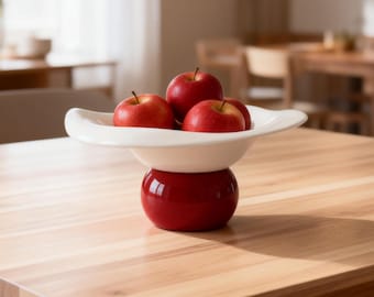Ceramic Drainage Fruit Bowl | Pedestal Bowl with Water Catcher | Red & White Modern Centerpiece