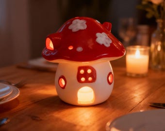 Ceramic Mushroom Candle Holder |Red Toadstool Oil Burner | Tealight & Palo Santo Compatible