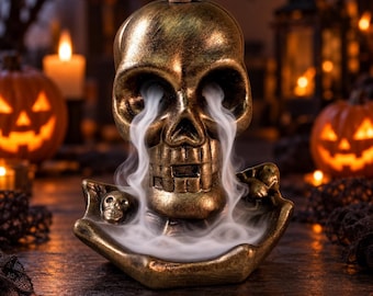 Ceramic Skull Backflow Incense Burner, Antique Bronze Finish, Gothic Halloween Decor