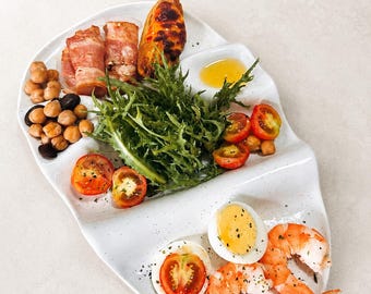 Plato de cerámica con compartimentos, plato llano de forma orgánica, bandeja para aperitivos, blanco o marrón.