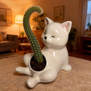 Könnte beinhalten: Ein weißer Keramik-Katzen-Pflanztopf mit einem grünen Kaktus, der aus seiner Mitte wächst. Die Katze liegt mit geschlossenen Augen und glänzendem Finish. Der Kaktus hat eine gebogene Form und ist in Erde gepflanzt.