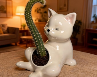 Ceramic Cat Succulent Planter | Kitty Home Decor with Drainage