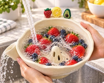 Ceramic Berry Bowl with Fruit Forks, Fruit Decor Colander, Strawberry Lemon Avocado Kitchen Decor, Berry Washing Bowl, Kitchen Gift