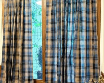 Blue Plaid Farmhouse Curtain, Vintage French Country Curtain, Rustic Cottage Curtain, Kitchen Cafe Curtain Panel, Bedroom Window Drapes