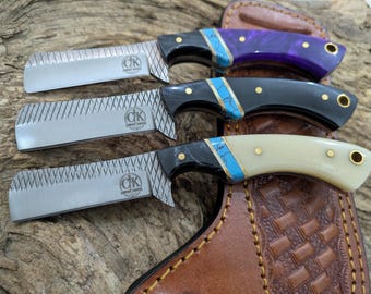 Custom Farrier Rasp Steel Cowboy Knives with Resin Bone Handles, Leather Sheaths