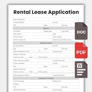 Puede incluir: Un formulario de solicitud de contrato de alquiler con campos para la información del solicitante, el historial de residencia y los detalles del empleo. Incluye iconos de archivo DOC, PDF y W. El título "Solicitud de contrato de alquiler" está en la parte superior.