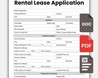 Rental Lease Application Template | Tenant Screening Form | Editable Google Docs Canva | Fillable PDF