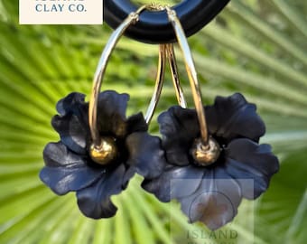 Black Hibiscus  Hoop Earrings | Handmade Hawaiian Clay Flowers | Premium Gold-Plated Hoops