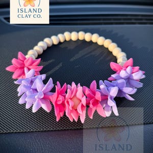 Car Lei Gradient Style Pink to Purple Handmade with Jasmine Pikake Clay Flowers with White Accent Beads