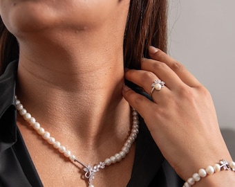 Bridal Pearl Jewelry Set for Women 925 Sterling Silver Floral Design Necklace, Earrings, Bracelet & Ring Rhodium Plated Wedding Jewelry Gift