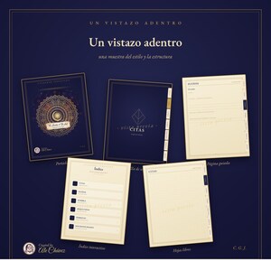 May include: A digital planner set featuring a dark blue cover with a gold mandala design, an index page, a guided dream log, and grid pages. The text includes 'Un vistazo adentro', 'Citas', 'Sueños', 'Índice', and 'Created by Ale Chávez'.
